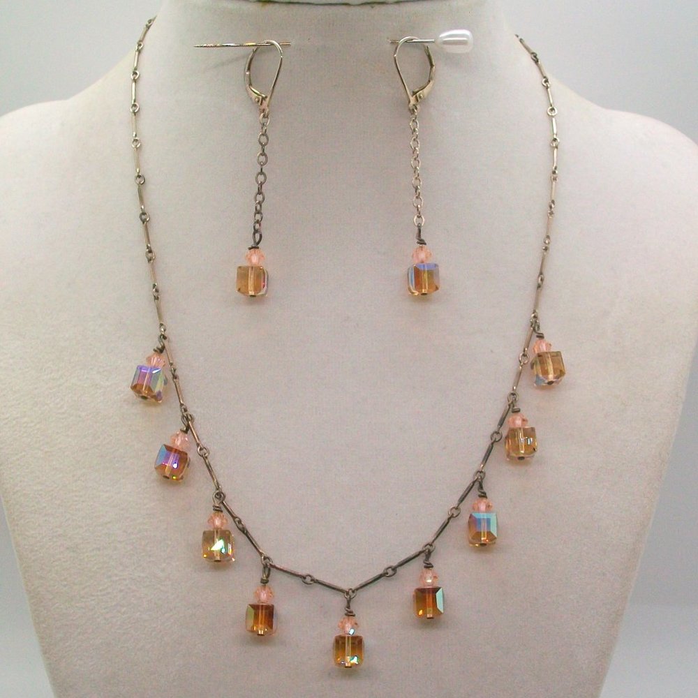 Light Topaz Faceted Cube Swarovski Crystal Beaded Necklace & Matching Earrings